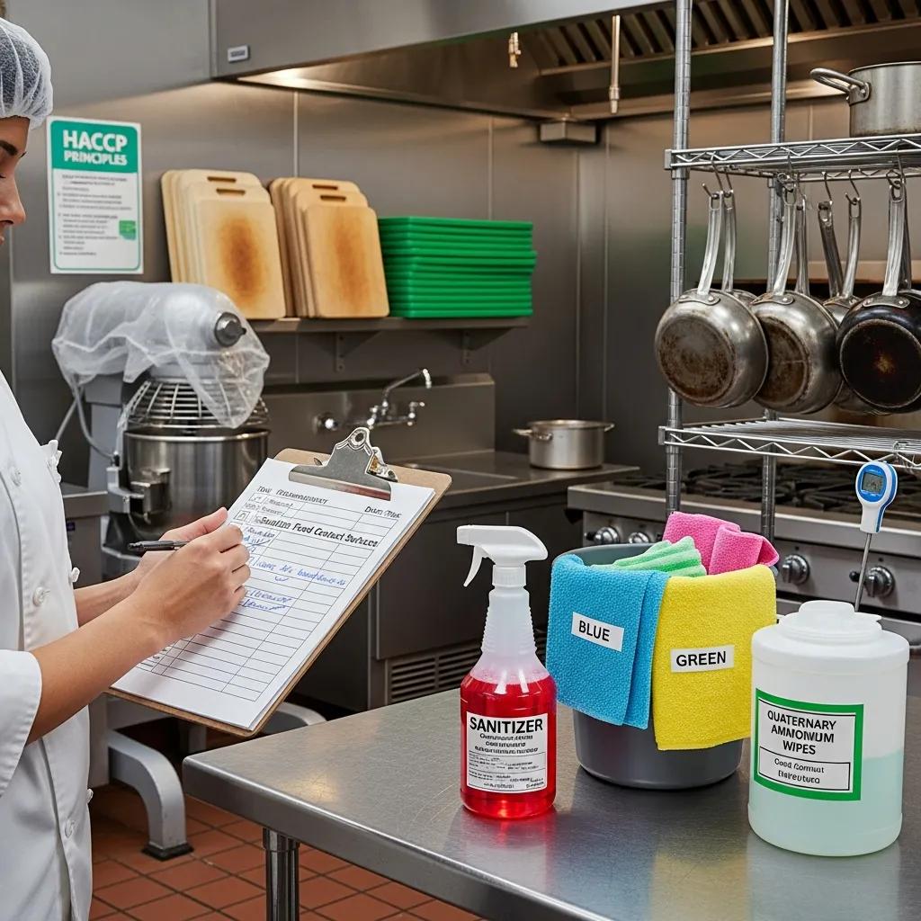Staff member using a checklist for HACCP-compliant cleaning procedures in a commercial kitchen, with sanitizer, cleaning cloths, and a food thermometer visible.