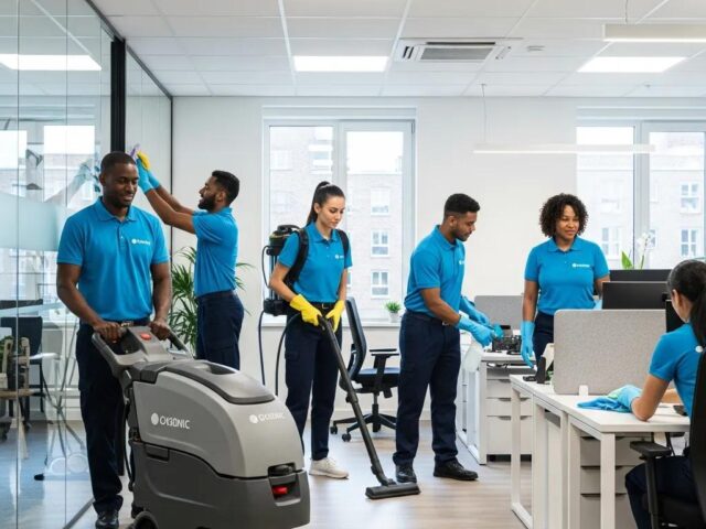 Team of diverse professionals engaged in commercial cleaning, showcasing teamwork and efficiency in a bright office environment, with cleaning equipment and a focus on maintaining cleanliness and hygiene.