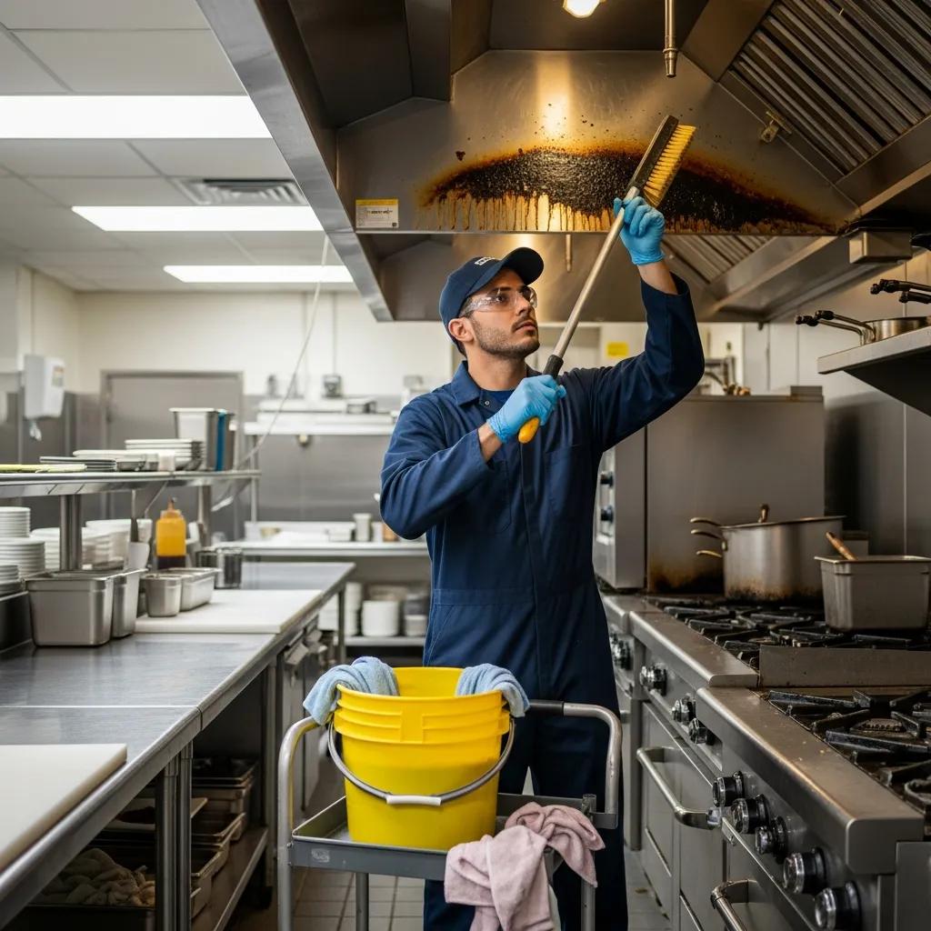 Technician cleaning kitchen hood and exhaust system to reduce fire hazards, wearing gloves and using a brush, with cleaning supplies on a cart in a commercial kitchen setting.