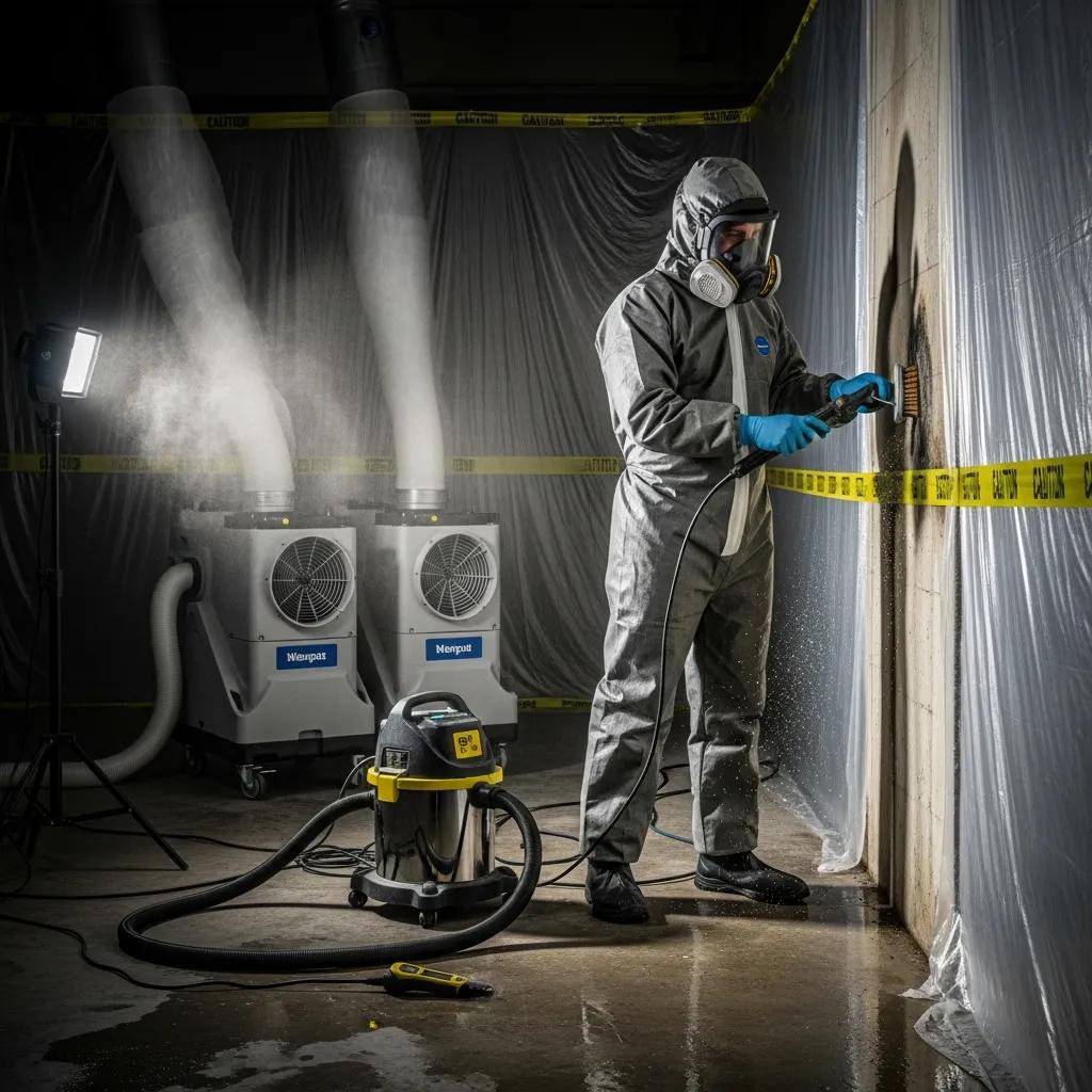 Technician in protective gear performing mold remediation with HEPA air scrubbers and dehumidifiers in a commercial space.