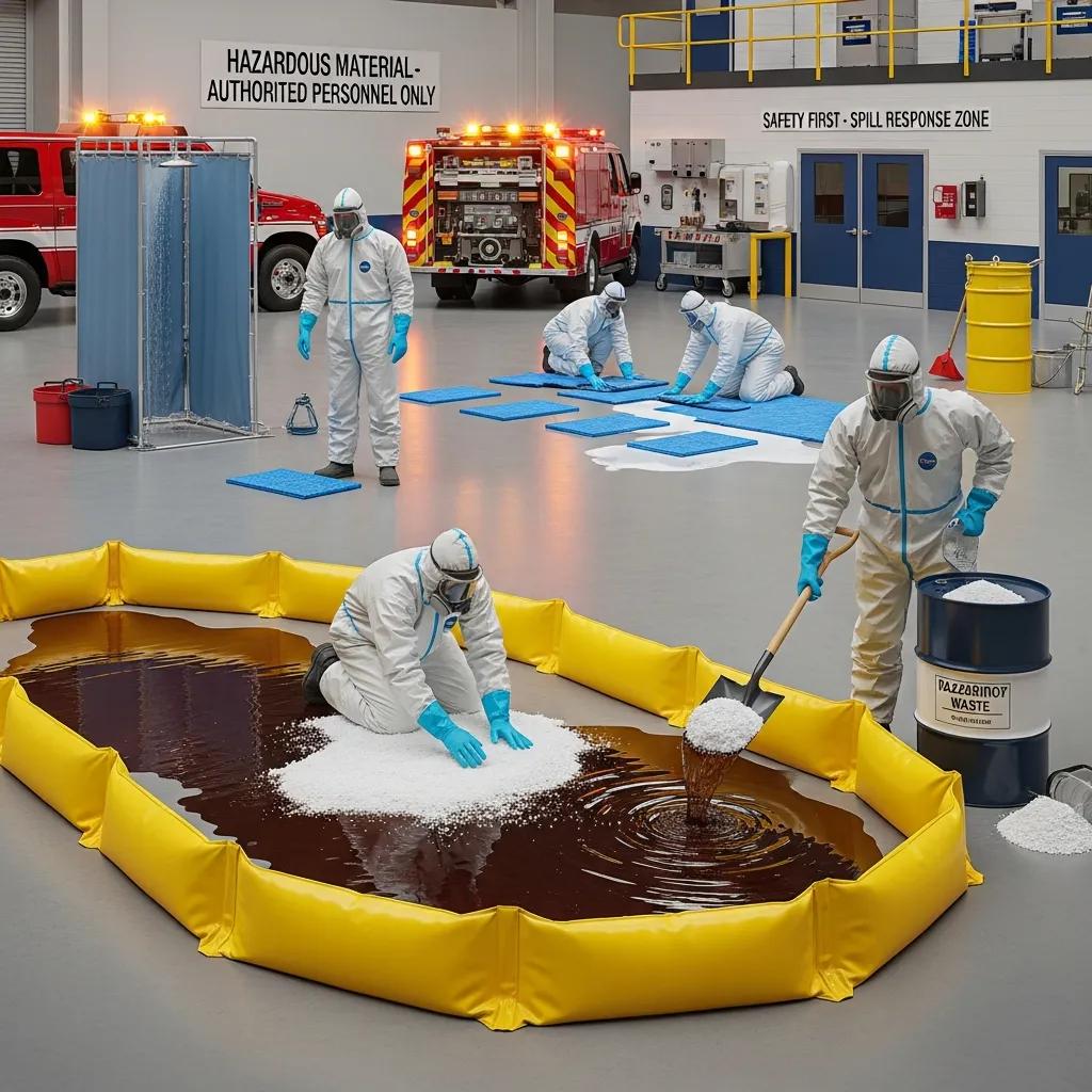 Technicians in protective gear managing a hazardous spill with containment booms and absorbents in a spill response zone, emphasizing emergency cleanup and remediation processes for health and environmental safety.