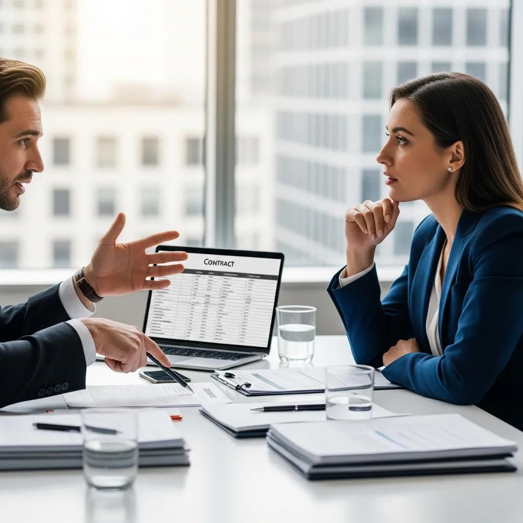 Professionals negotiating a commercial cleaning contract at a conference table, emphasizing collaboration and professionalism, with documents and a laptop displaying contract details.