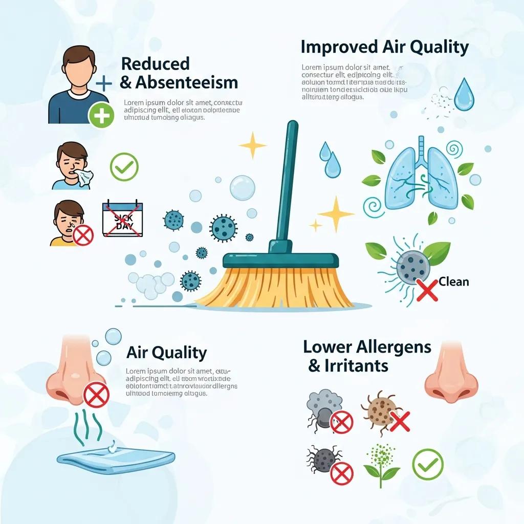 Visual representation of health benefits from maintaining a clean workplace, highlighting reduced absenteeism, improved air quality, and lower allergens, with icons of cleaning tools, germs, and healthy lungs.