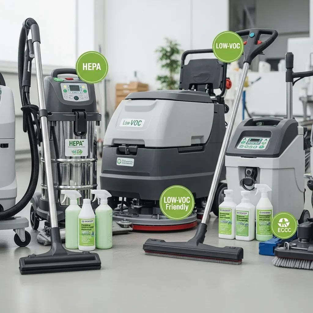 HEPA vacuums and eco-friendly cleaning supplies staged for commercial post-construction cleaning