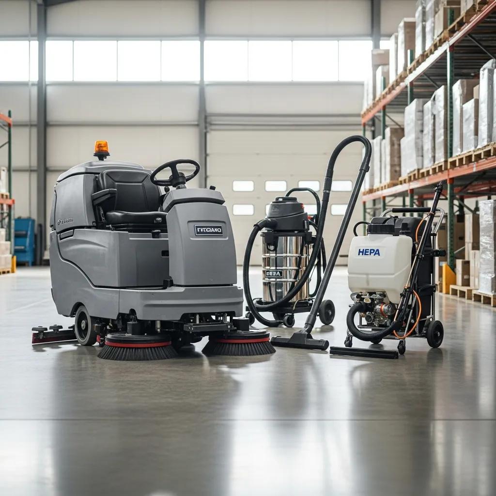 Industrial scrubbers, HEPA vacuums, and sprayers staged in a clean warehouse