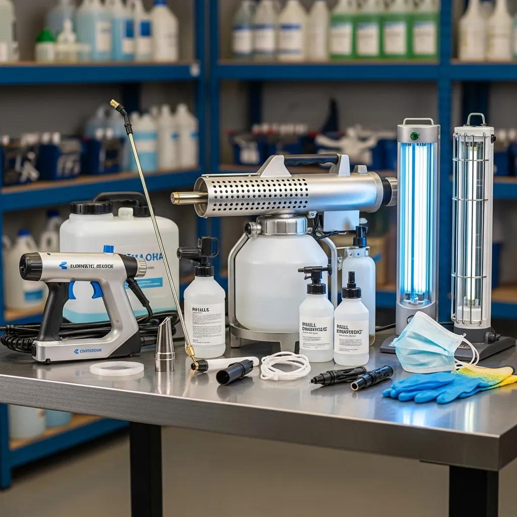 Fogger, electrostatic sprayer, and UV‑C equipment used for commercial disinfection