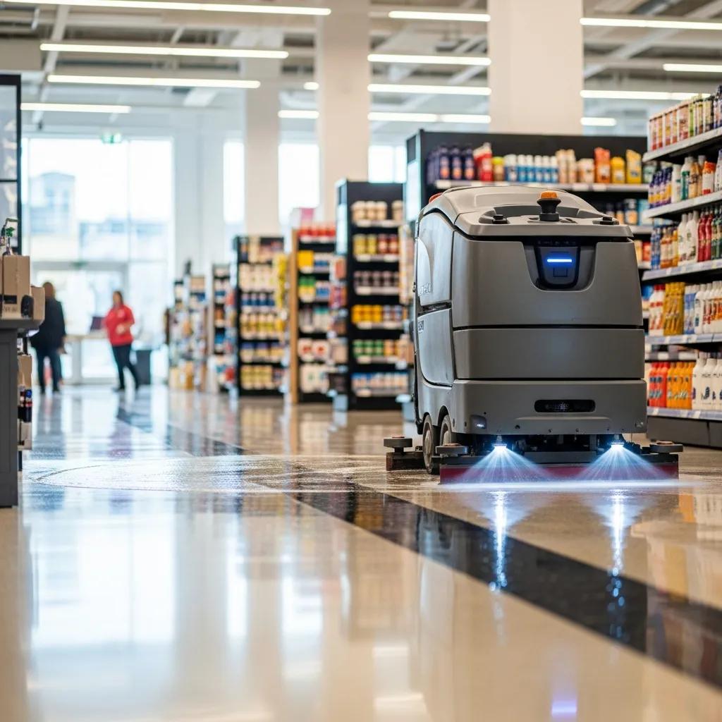 Autonomous floor scrubber cleaning a retail area