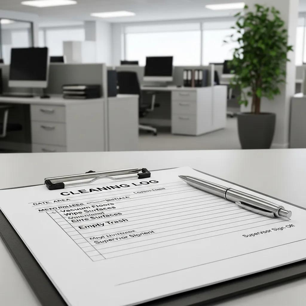 Cleaning log and checklist in a bank office — audit-ready documentation for financial cleaning
