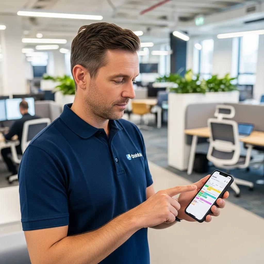 Professional adjusting a flexible cleaning schedule on a smartphone in a modern hybrid office environment, emphasizing efficient cleaning strategies for commercial spaces.