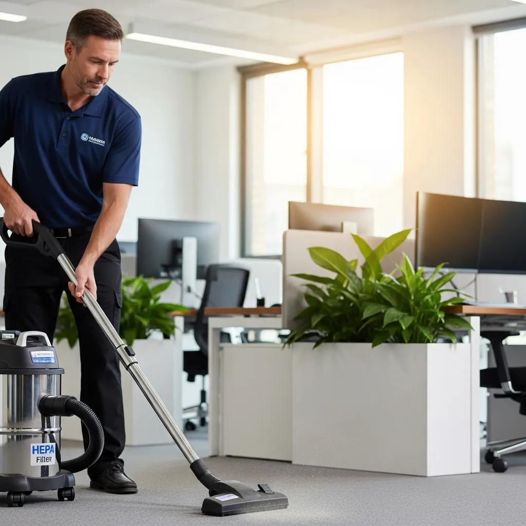 Cleaning technician using a HEPA vacuum in a professional office
