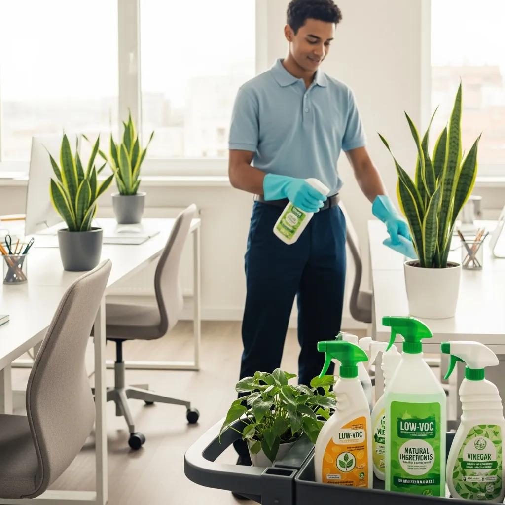 Cleaning staff using low-VOC eco-friendly products in an office environment, focusing on indoor air quality and safe cleaning practices.