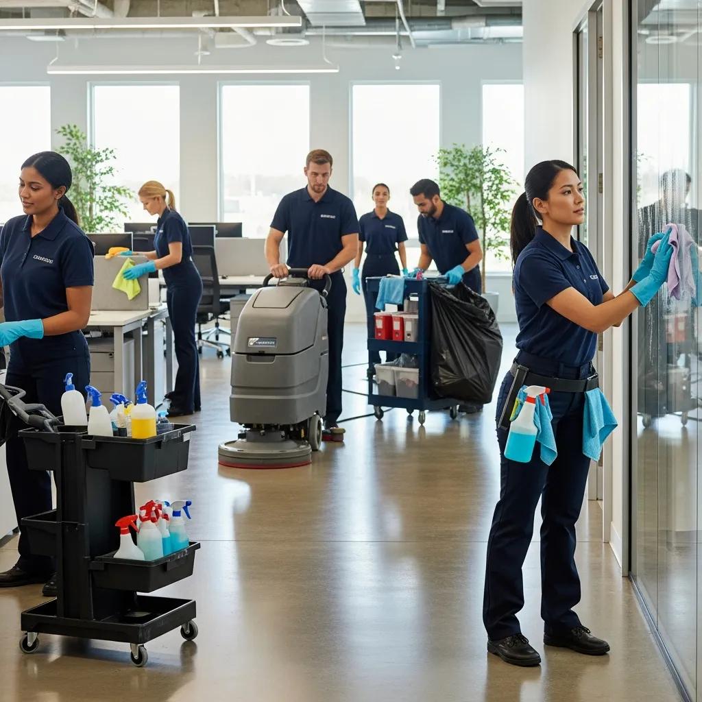 Cleaning team demonstrating quality control in a commercial office setting