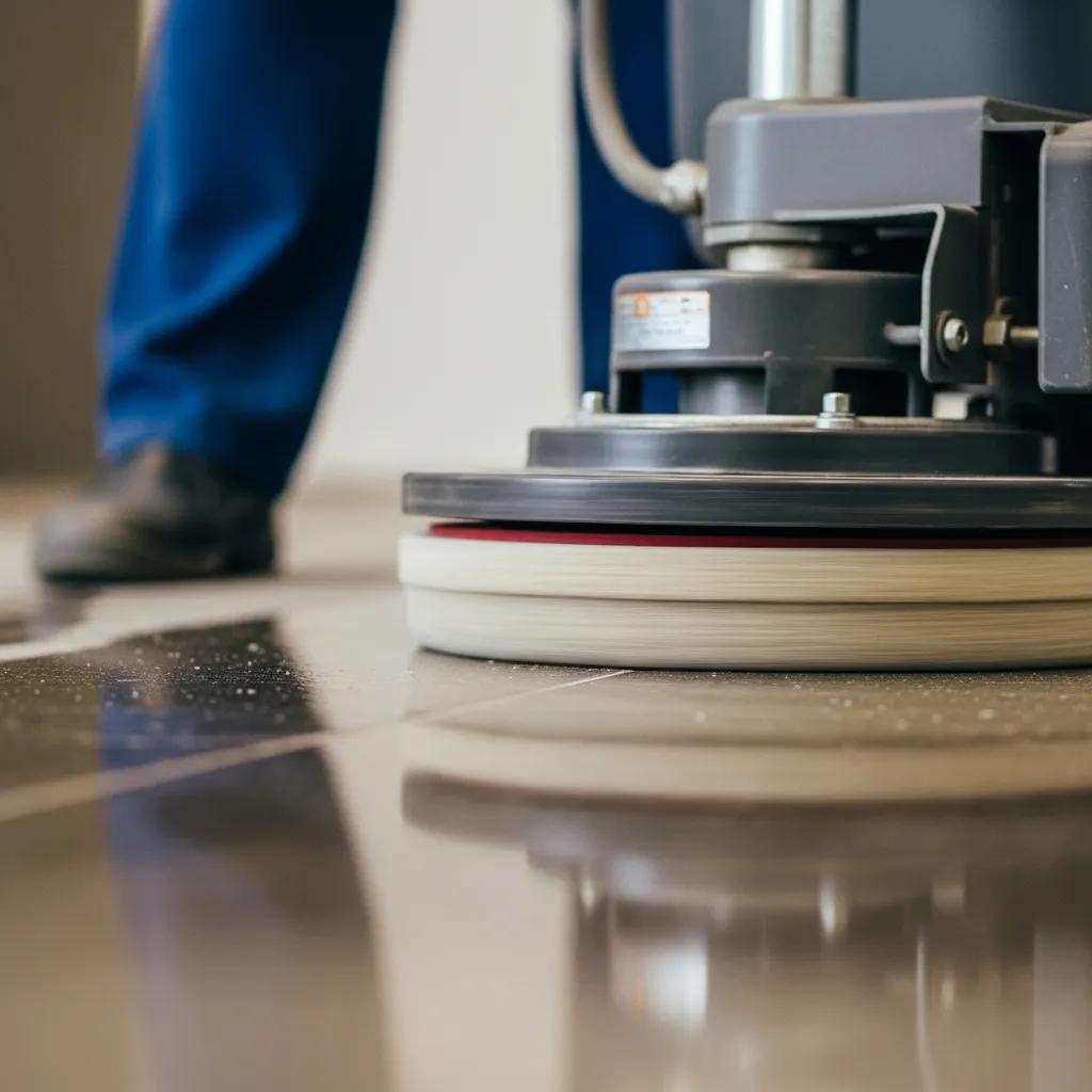 Close-up of a McCoy floor machine stripping and waxing a commercial floor to restore finish