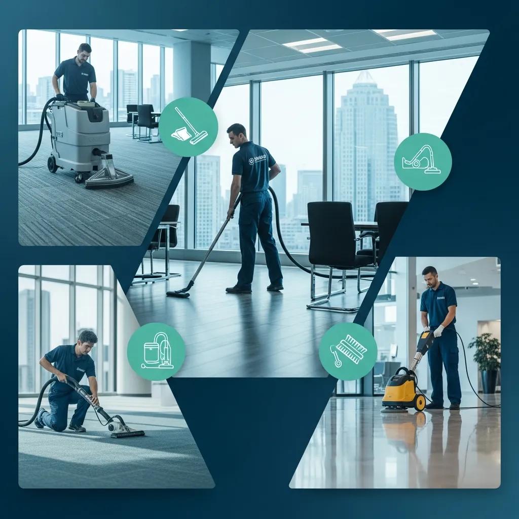 Collage showing office cleaning, carpet extraction, and floor maintenance services by McCoy Maintenance
