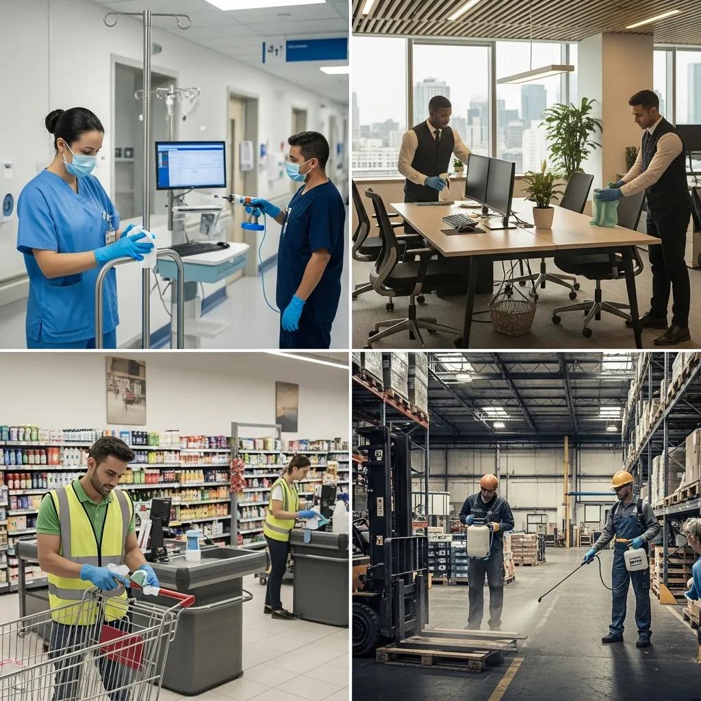 Industry collage highlighting varied disinfection needs across sectors