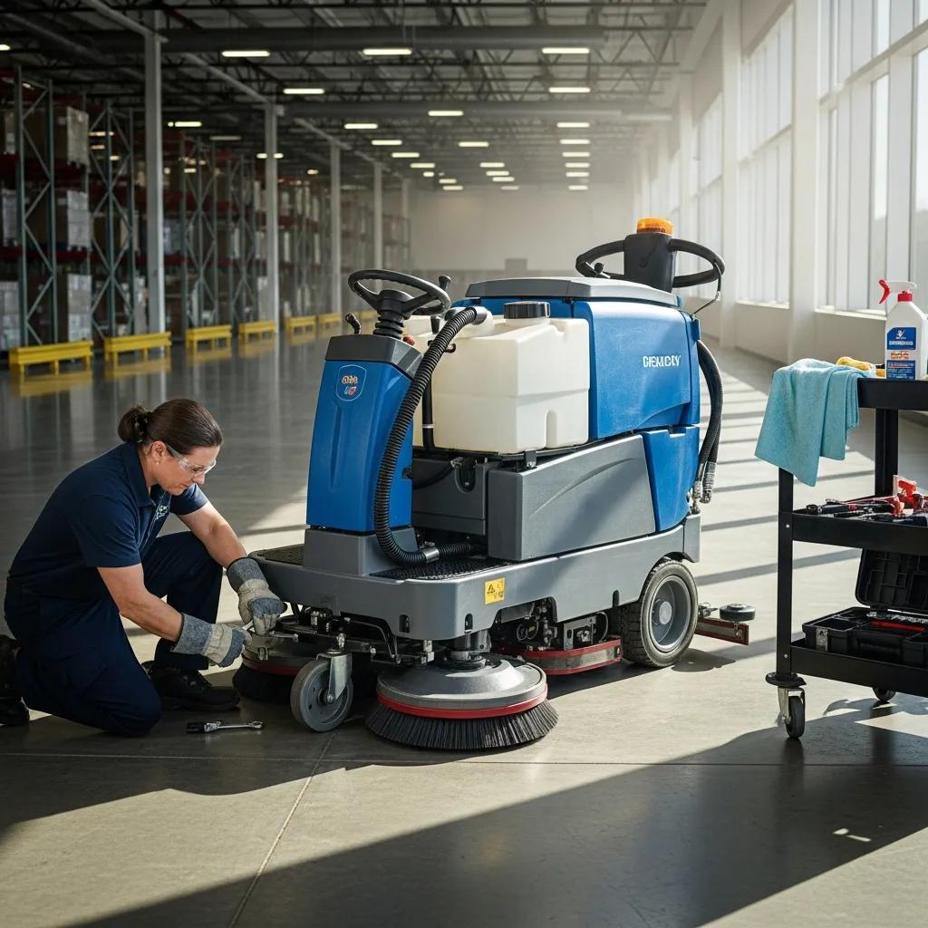 Commercial cleaner performing maintenance on a floor scrubber in a well-lit warehouse, with tools and cleaning supplies nearby, emphasizing equipment upkeep for optimal cleaning performance.