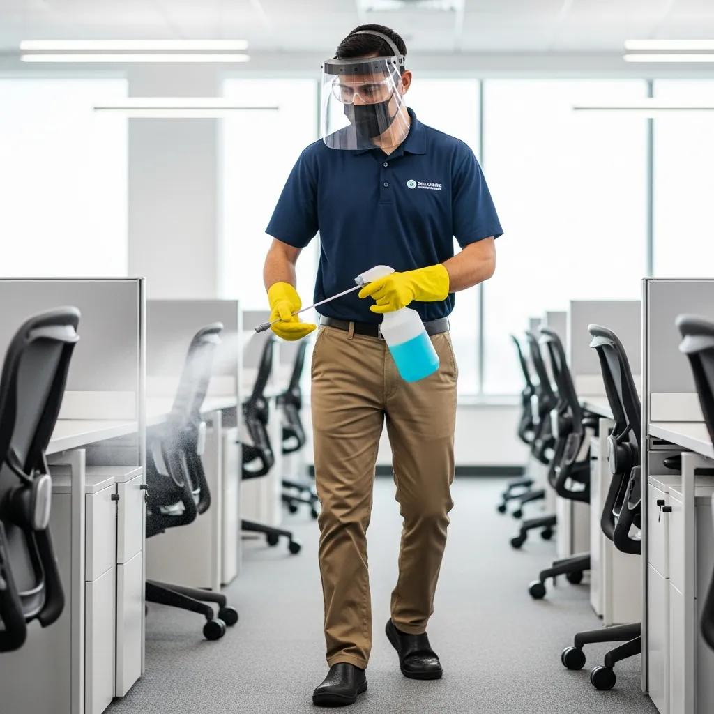 Cleaner wearing goggles and a face shield while disinfecting a workspace