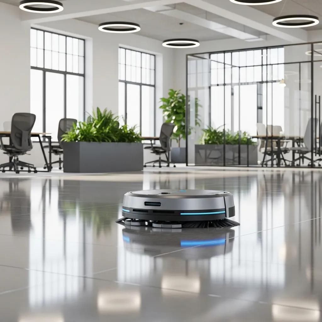 Commercial cleaning robot operating in a modern office environment