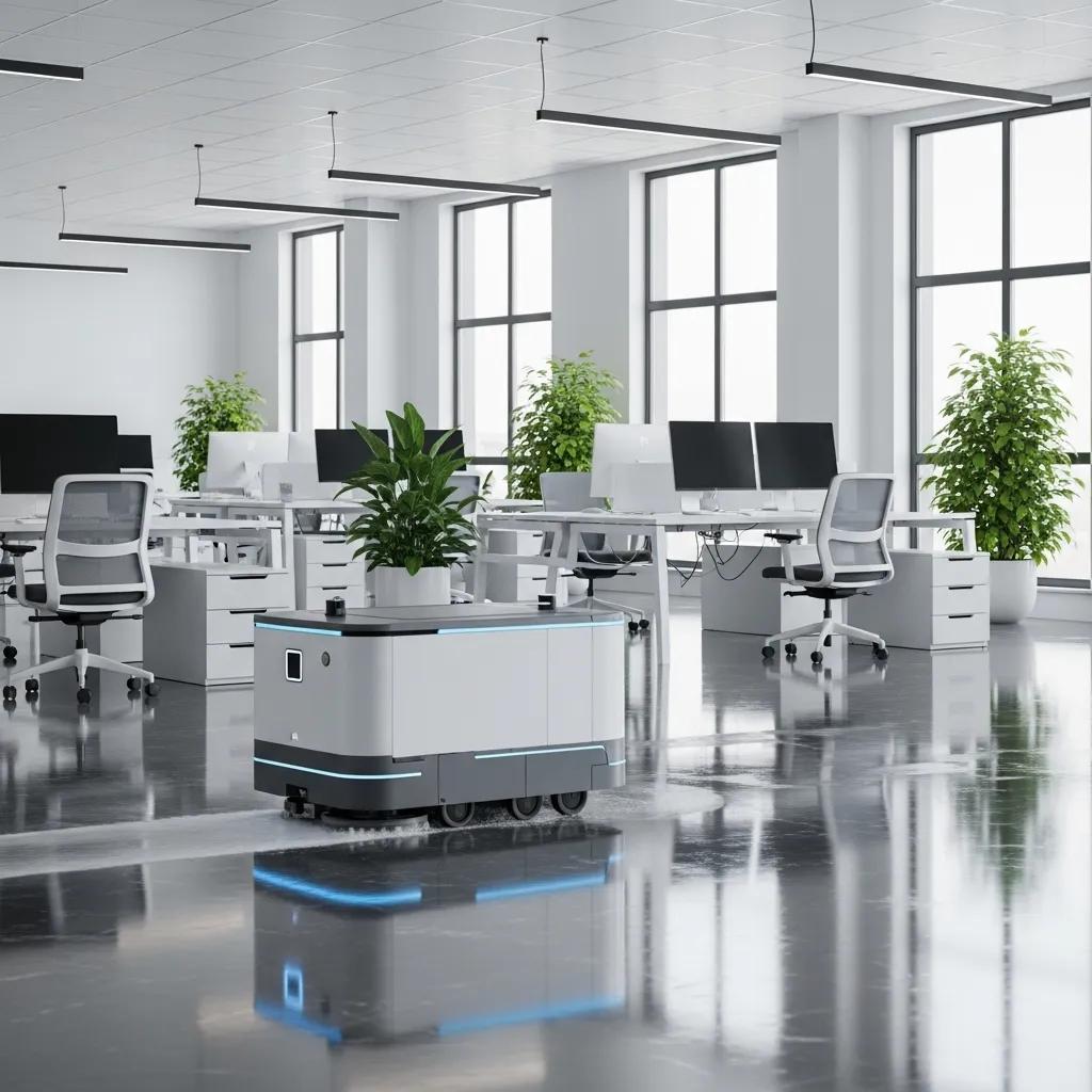 Automated cleaning robot operating in a modern office environment, showcasing the benefits of automation in commercial cleaning, with sleek design and efficient functionality amidst workstations and greenery.