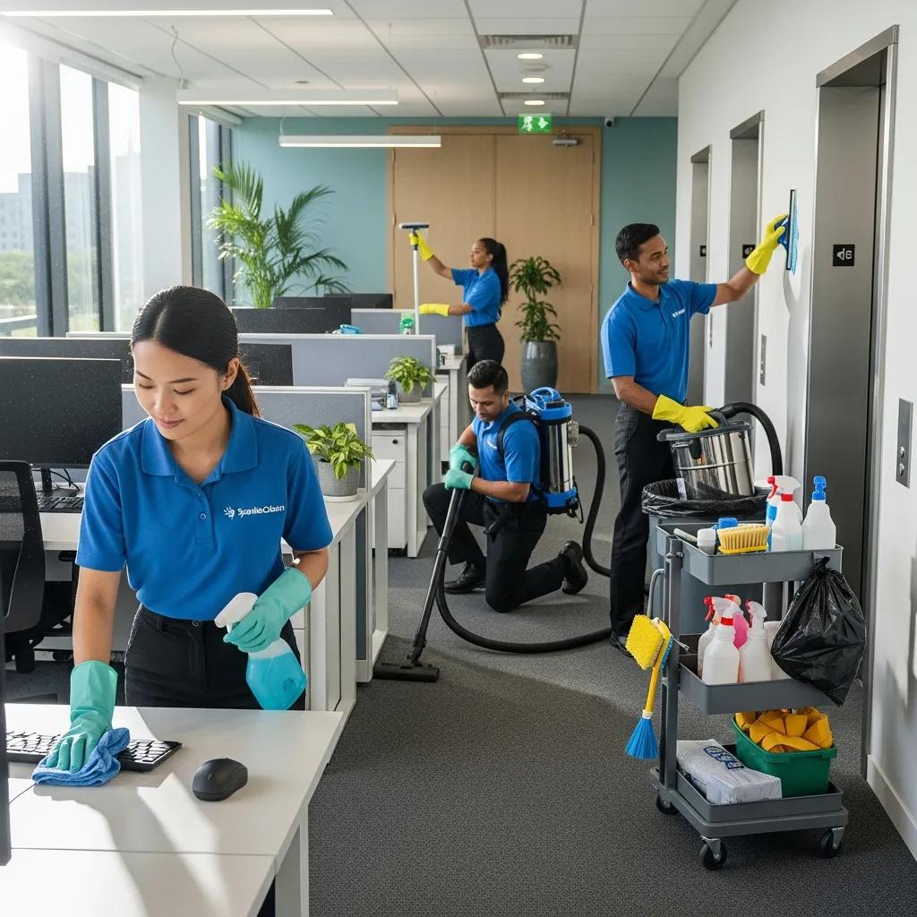 Commercial cleaning team efficiently sanitizing an office space using modern equipment, including vacuum and cleaning supplies, while optimizing hygiene and minimizing disruption.