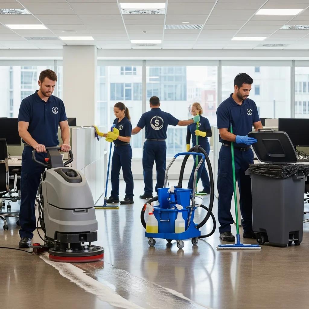 Commercial cleaning team using modern equipment in an office setting, highlighting economic factors in the industry