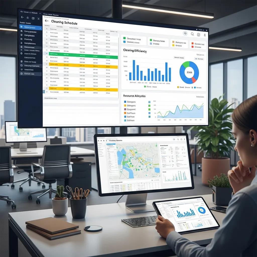 Digital dashboard displaying data-driven cleaning schedules, analytics, and resource management in a facility management setting, with graphs and maps for enhanced cleaning efficiency.