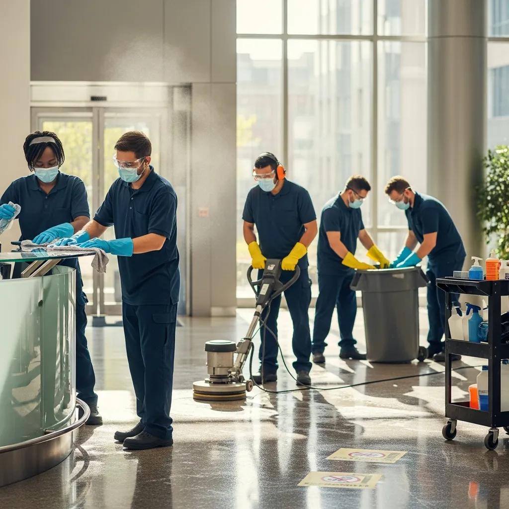 Diverse commercial cleaning professionals in PPE demonstrating safety and teamwork