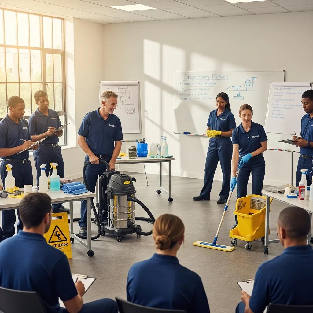 Diverse commercial cleaning staff engaged in a training session with instructors demonstrating cleaning techniques