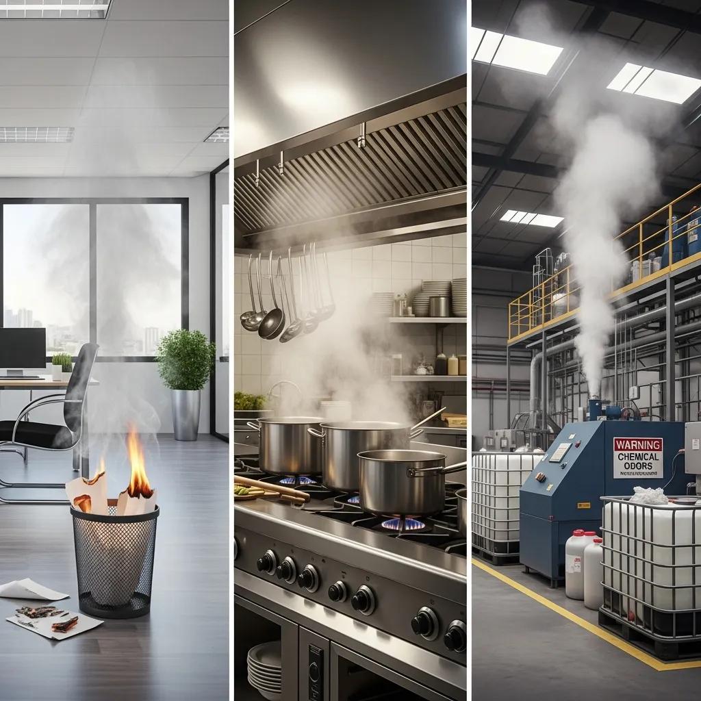 Commercial spaces showing typical odor sources in offices, restaurants, and industrial facilities