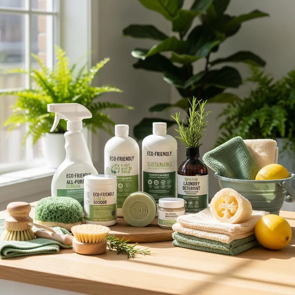 Eco-friendly cleaning products and equipment, including all-purpose cleaner, laundry detergent, and natural sponges, arranged on a wooden surface with greenery, promoting sustainable maintenance practices.