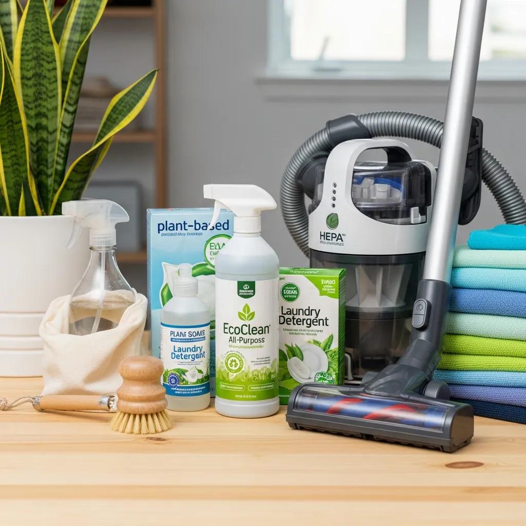 Biodegradable detergents and HEPA vacuum demonstrating green cleaning tools