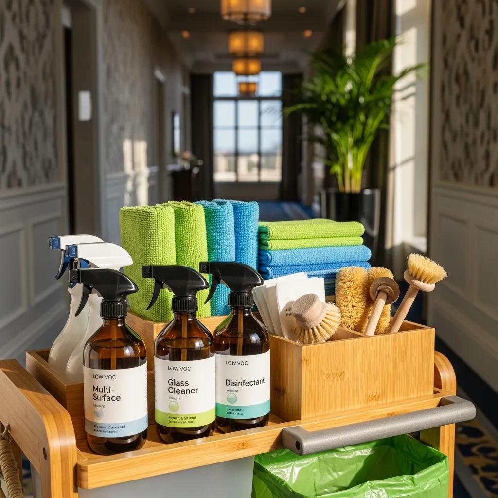 Eco-friendly cleaning products and tools on a cart in a hotel hallway, featuring low-VOC cleaners, microfiber cloths, and brushes, promoting sustainable cleaning practices for hospitality services.