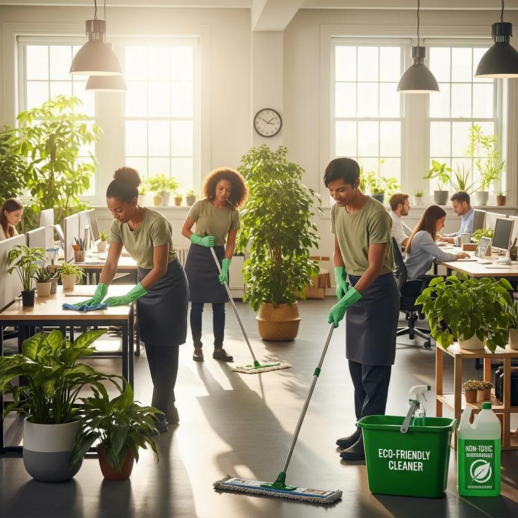 Eco-friendly office environment with plants and non-toxic cleaning products