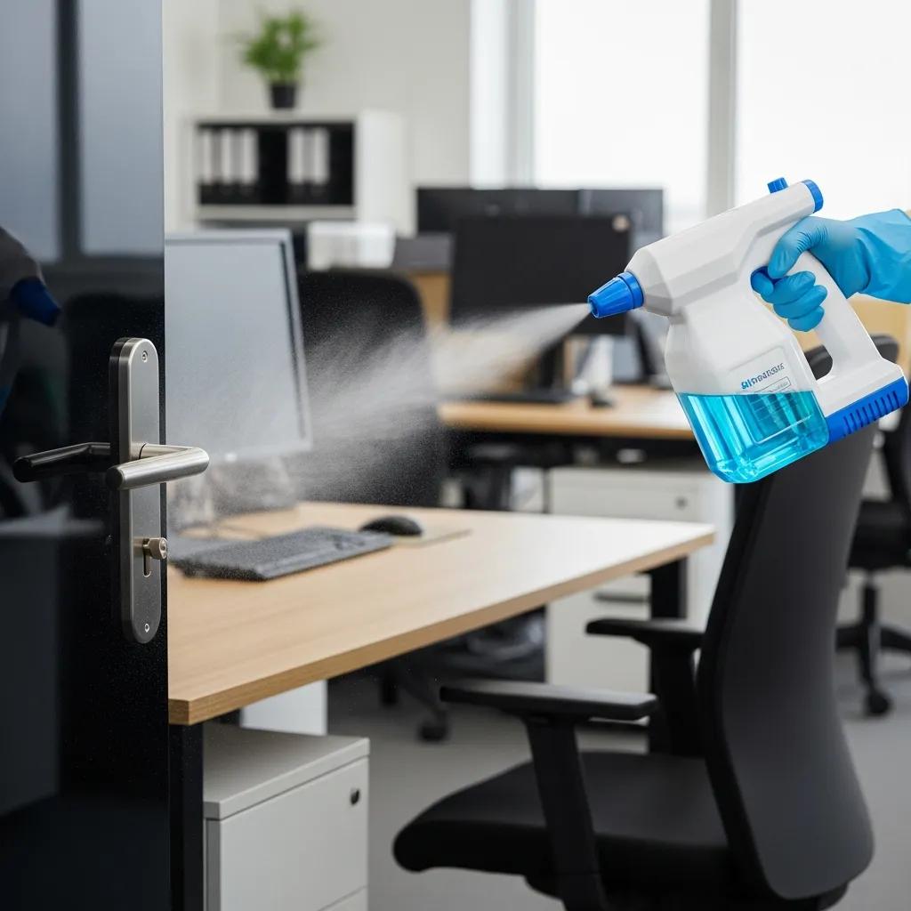 Electrostatic sprayer being used to disinfect a commercial workspace