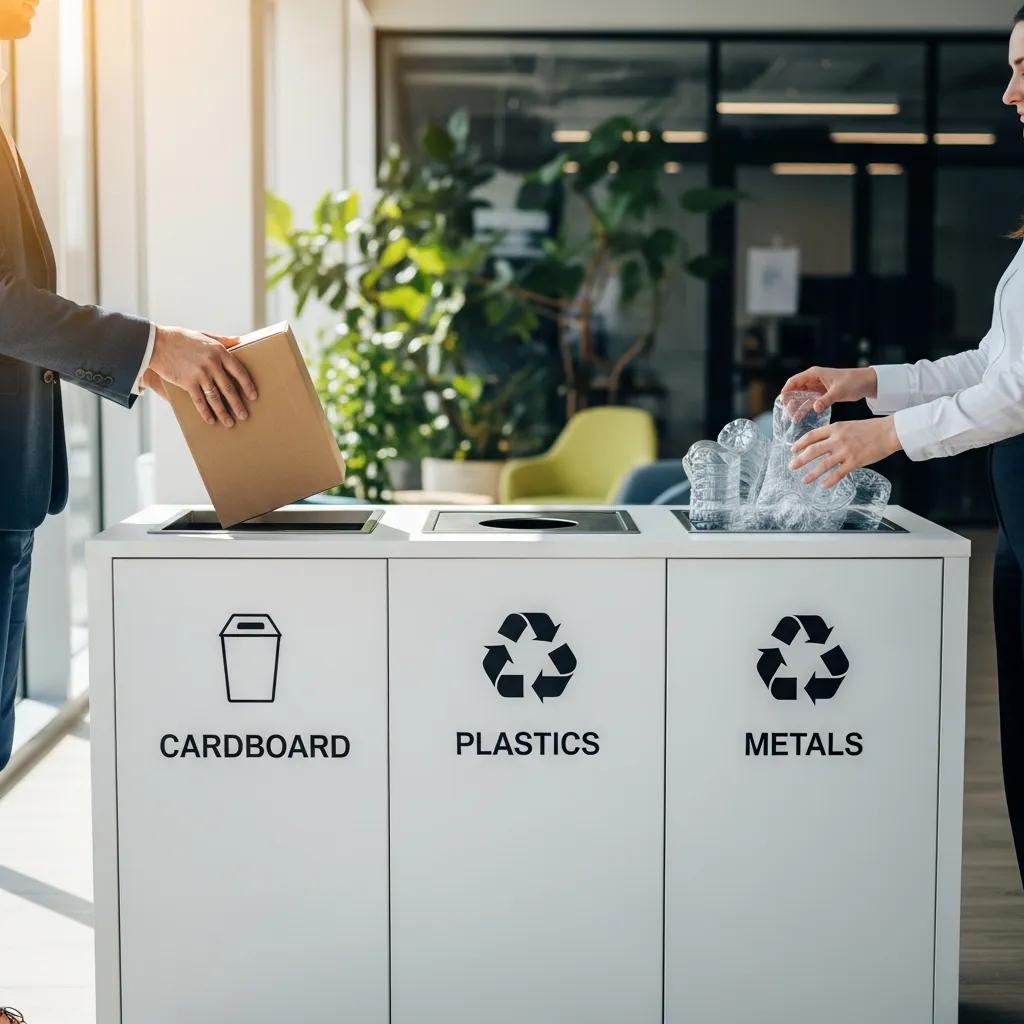 Team members using labeled recycling stations inside a business to support diversion efforts