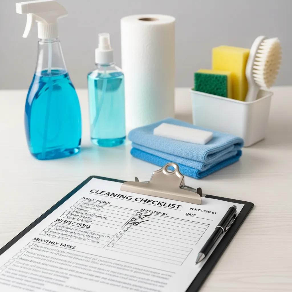 Inspection checklist and cleaning supplies laid out for a service audit