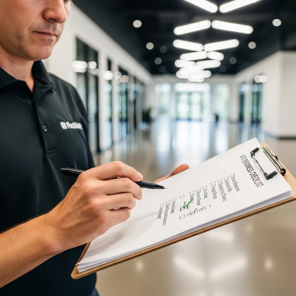Facility manager checking a site readiness checklist in a cleaned commercial space