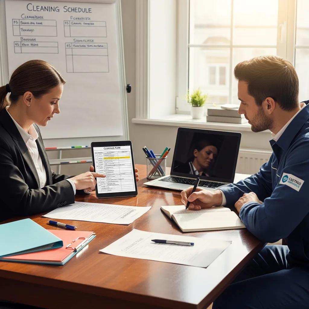 Hotel manager and cleaning service representative discussing customized cleaning plans with a tablet displaying a cleaning schedule, notebooks, and documents on a conference table.