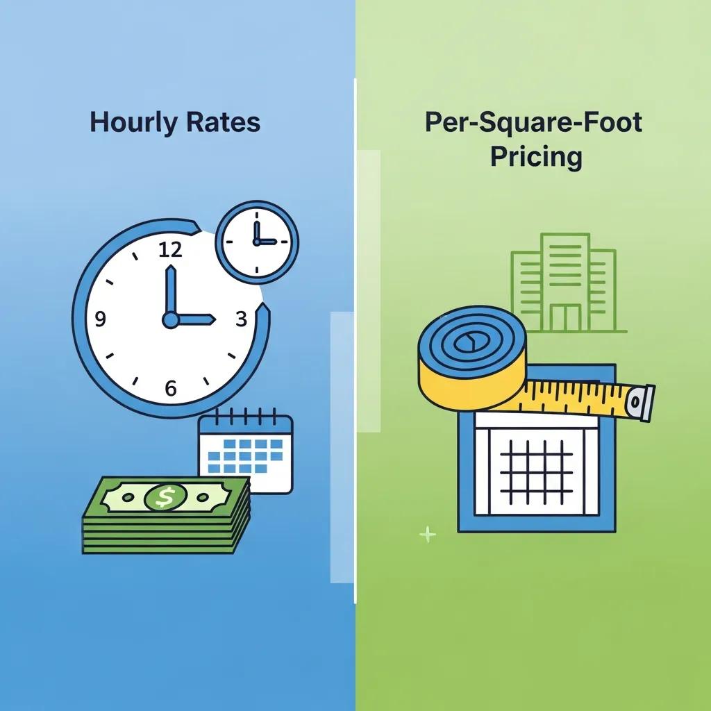 Diagram comparing common commercial cleaning pricing models: hourly, per-square-foot, fixed contracts, and custom quotes