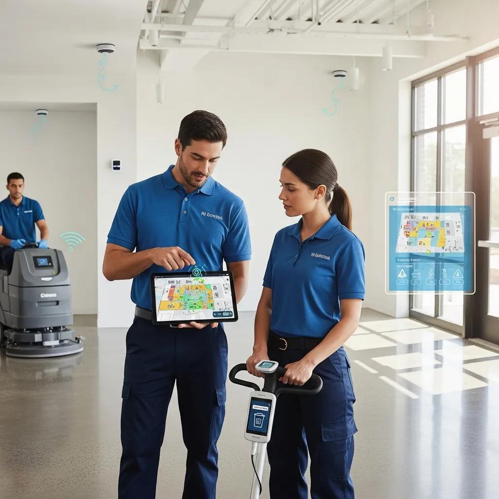 IoT smart cleaning solutions in action with a facility cleaning team using technology