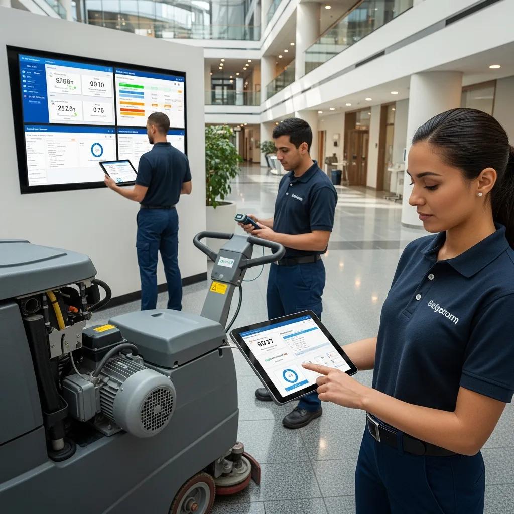 Janitorial team utilizing predictive maintenance tools and analytics on tablets in a commercial setting, optimizing cleaning operations and enhancing efficiency.