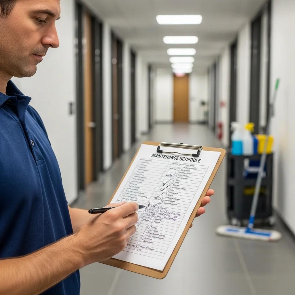 Janitorial worker reviewing maintenance schedule in commercial cleaning setting, clipboard with maintenance tasks and checkmarks, cleaning supplies in background.