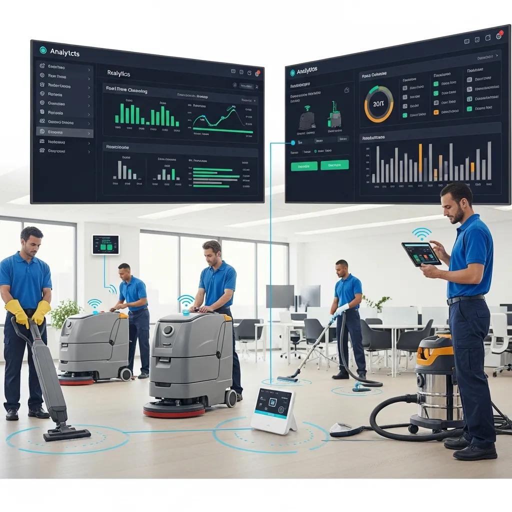 Modern commercial cleaning team utilizing IoT devices and analytics for efficient cleaning operations
