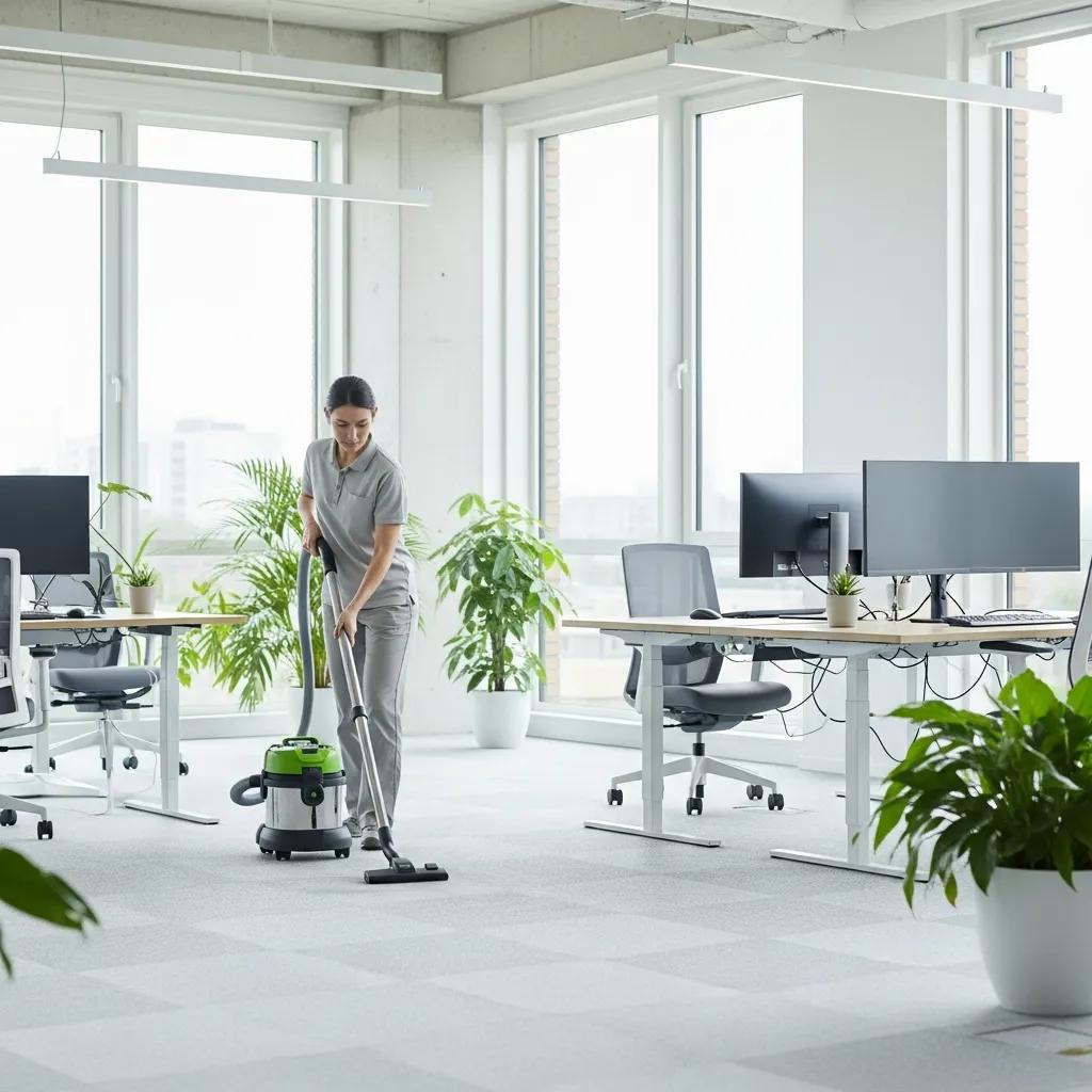 Modern office space with a cleaner using a HEPA vacuum, highlighting allergen-free cleaning practices