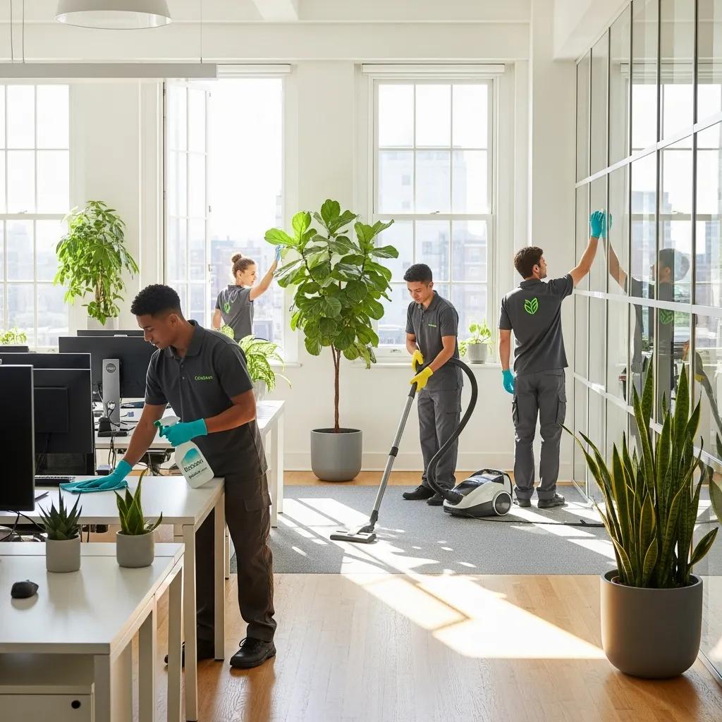 Office cleaning with open windows promoting ventilation and indoor air quality