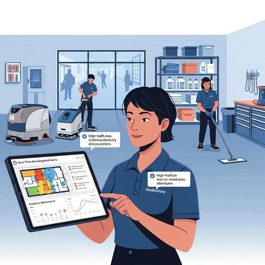 Supervisor reviewing predictive cleaning dashboard in a facility