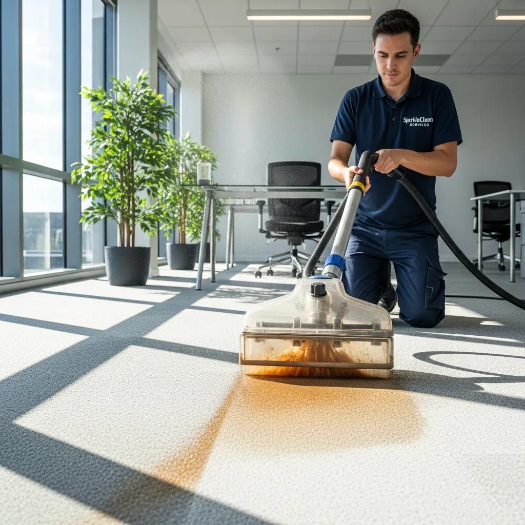 Professional carpet cleaning technician using advanced equipment in a modern office