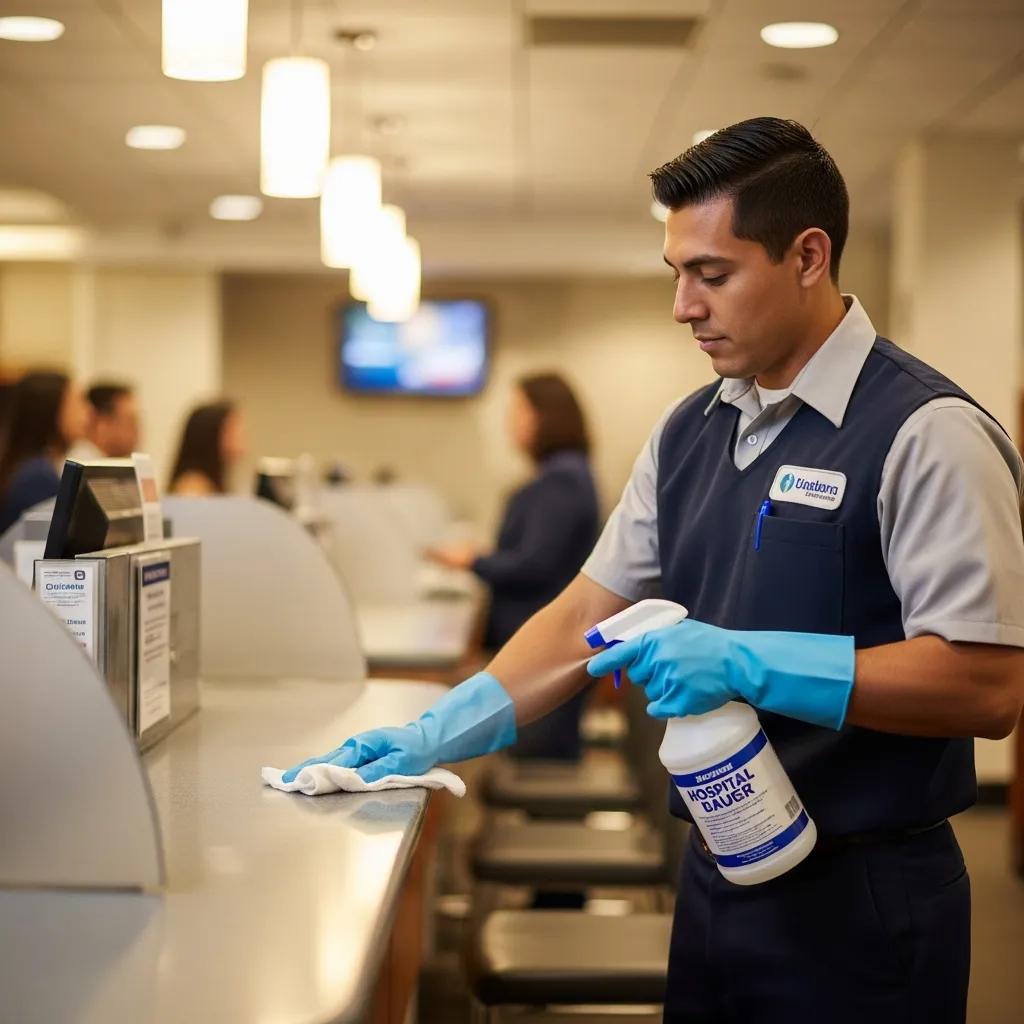 Professional cleaner disinfecting a bank teller line, highlighting secure commercial cleaning practices