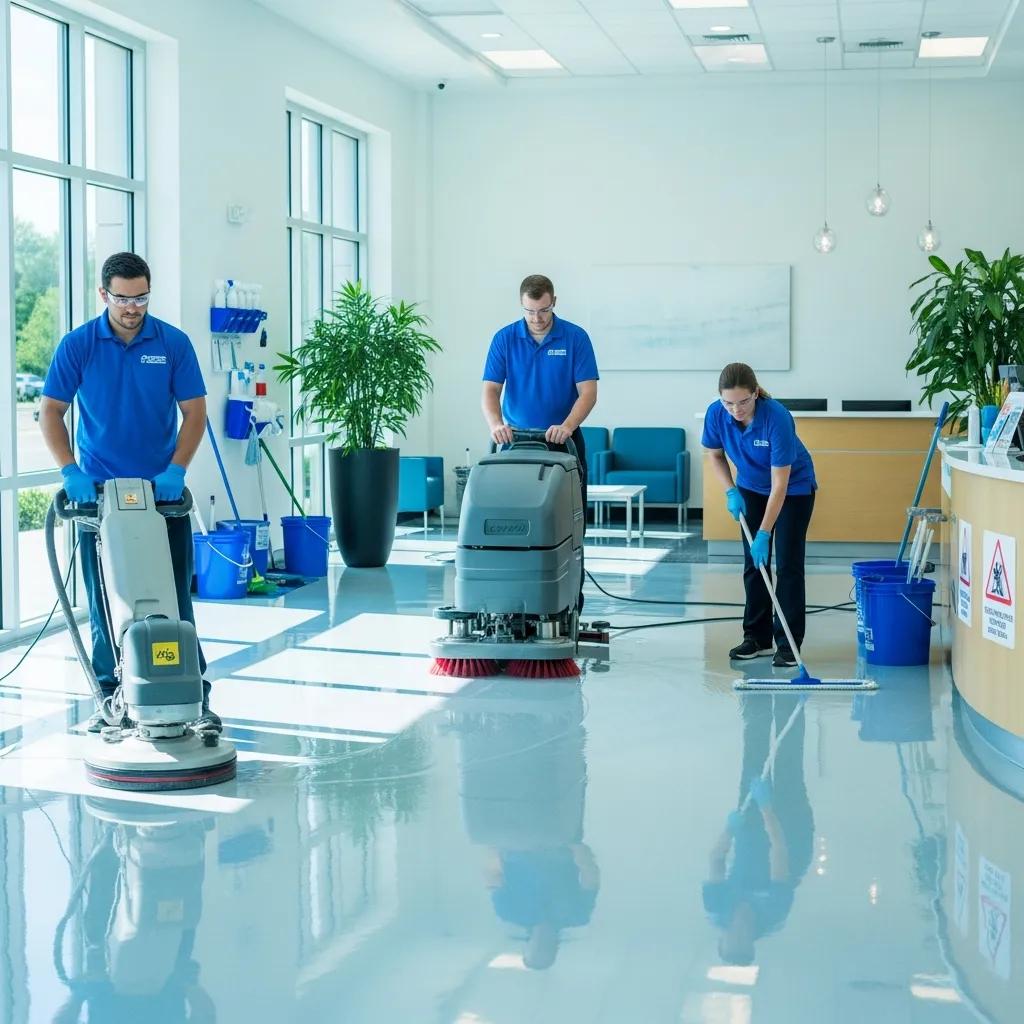 Professional cleaning crew performing advanced commercial floor care techniques in a modern facility