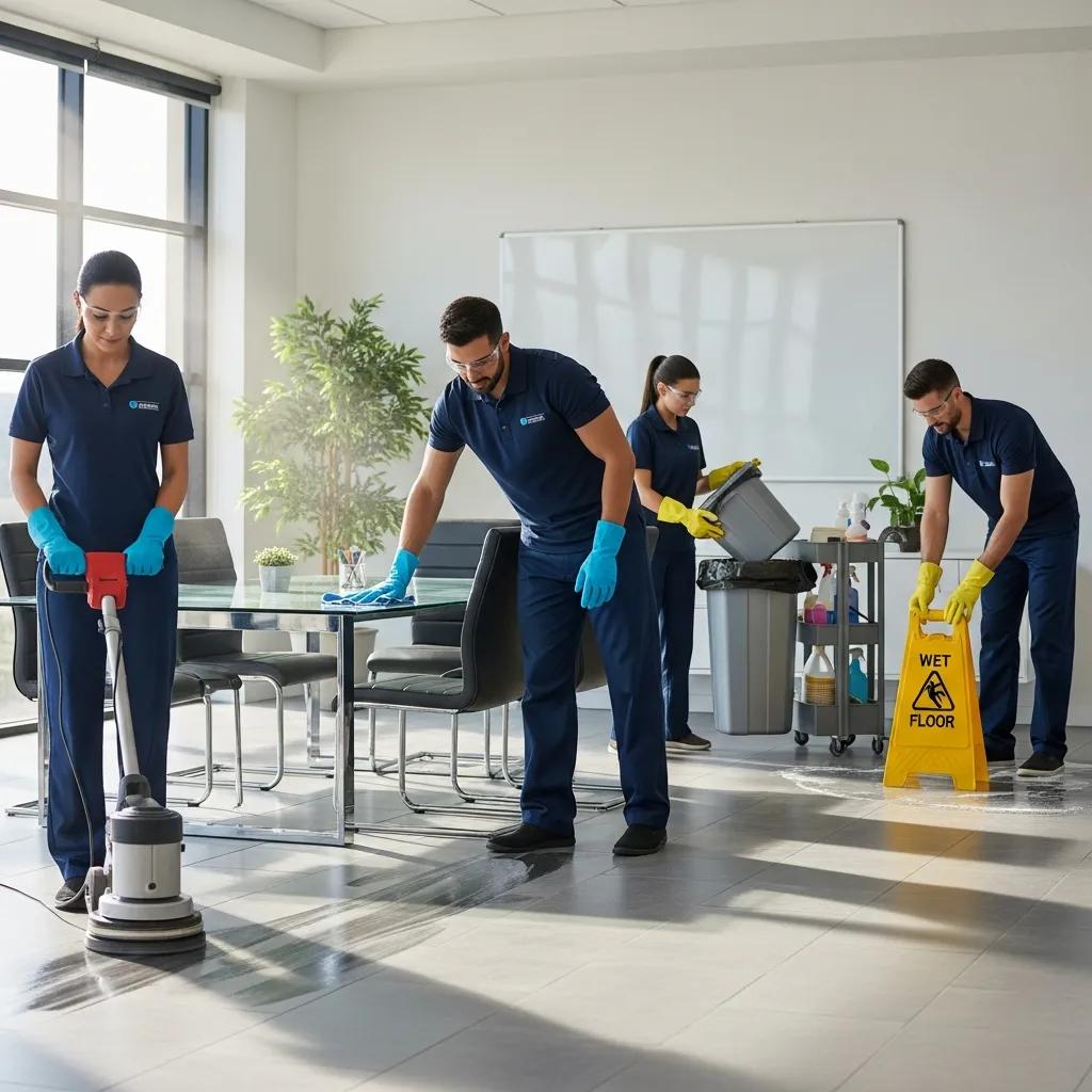 Professional cleaning team demonstrating effective commercial cleaning practices in an office setting